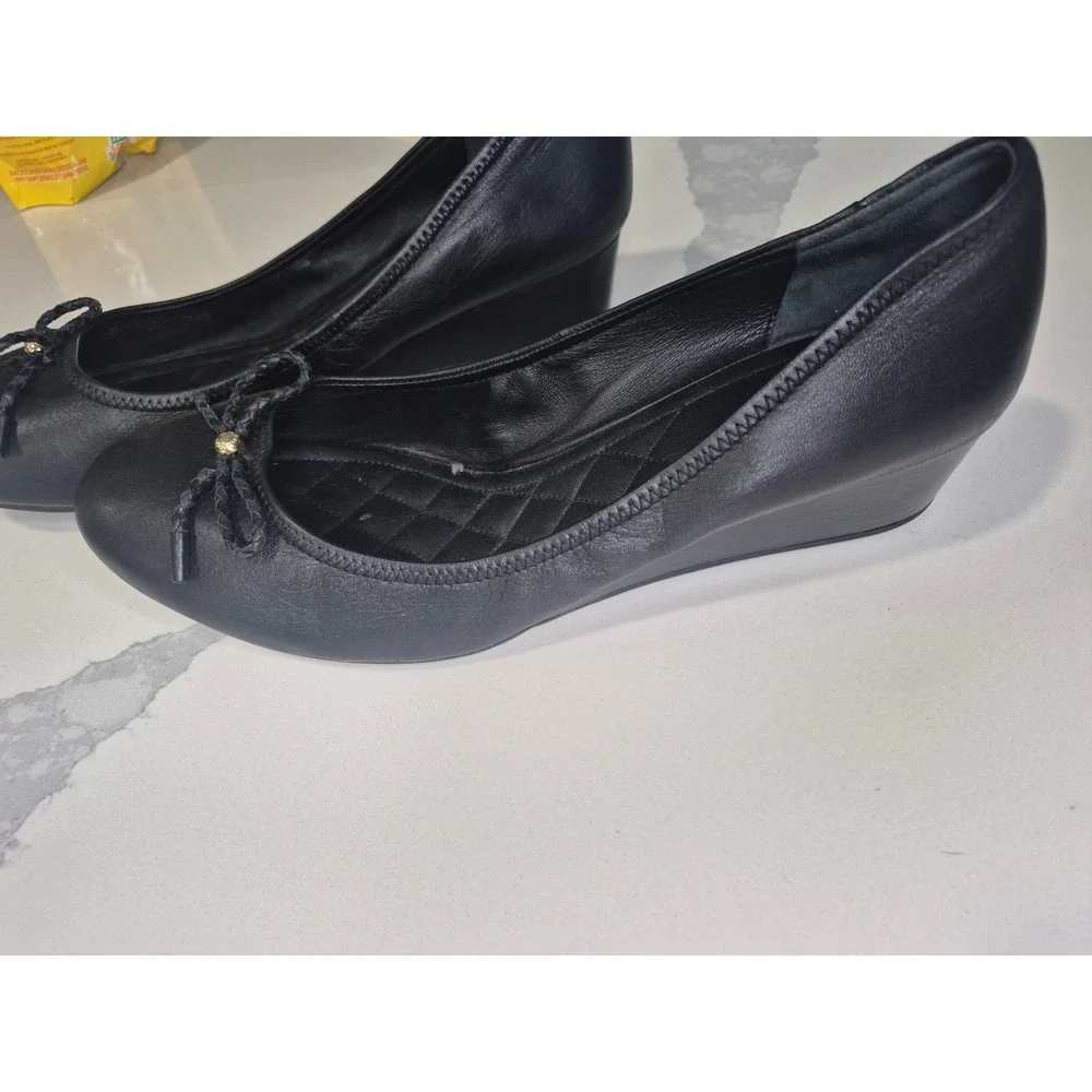 Cole Haan Grand.OS Women Black Leather Quilted Wedge Pumps Bow Detail Round Toe